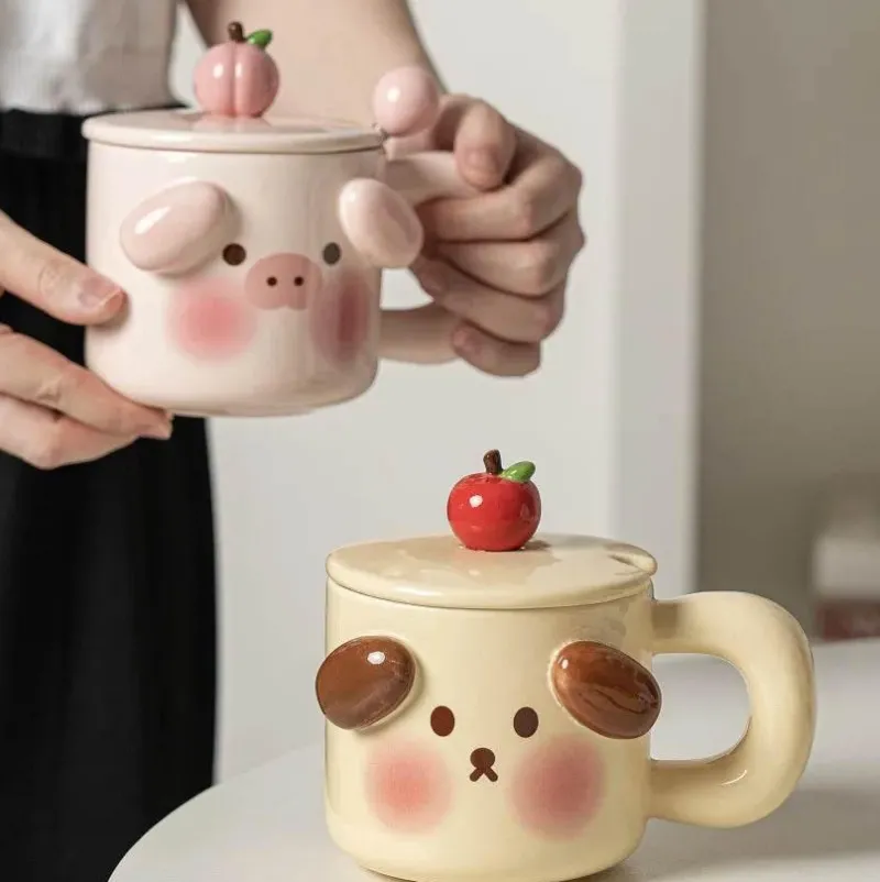 Plates u0026 More Küche & Esszimmer-Tierbecher-Set – Schwein und Hund mit Deckel, Löffel und Untertasse für Kaffee