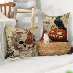 Pillow Haven Bettzeug-Totenkopf Kürbis Kissenbezüge – Halloween Leinen Dekokissen