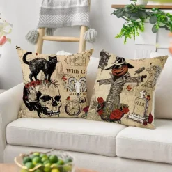Pillow Haven Bettzeug-Totenkopf Kürbis Kissenbezüge – Halloween Leinen Dekokissen
