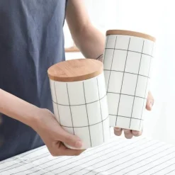 The Decor Haven Küche & Esszimmer-Umweltfreundlicher Lebensmittelbehälter aus Keramik mit Bambusdeckel – Aufbewahrungslösung für die Küche