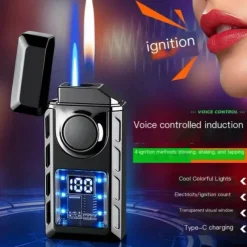 Cozy Living Camping Im Freien|Outdoor & Garten-USB-Feuerzeug mit Doppelflamme – Buntes, wiederaufladbares, sprachgesteuertes Feuerzeug