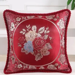 Pillow Haven Bettzeug-Vintage Blumen Kissenbezug - Rot Elfenbein Jacquard Europäisches Design 19x19 Zoll