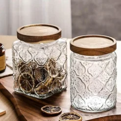Cozy Nest Decor Küche & Esszimmer-Vorratsdose aus geprägtem Glas – Begonien-Design