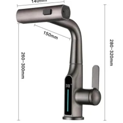 The Blissful Bath Badezimmer-Wasserhahn mit digitaler Temperaturanzeige – anhebbarer Wasserfall-Waschbeckenhahn
