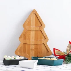 The Culinary Kit Küche & Esszimmer-Weihnachtsbaum-Keramikteller mit Bambusständer - Serviergeschirr für die Feiertage
