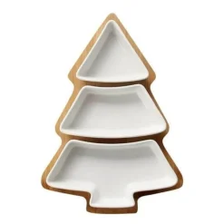 The Culinary Kit Küche & Esszimmer-Weihnachtsbaum-Keramikteller mit Bambusständer - Serviergeschirr für die Feiertage