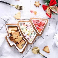 The Culinary Kit Küche & Esszimmer-Weihnachtsbaum-Keramikteller mit Bambusständer - Serviergeschirr für die Feiertage