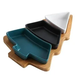 The Culinary Kit Küche & Esszimmer-Weihnachtsbaum-Keramikteller mit Bambusständer - Serviergeschirr für die Feiertage